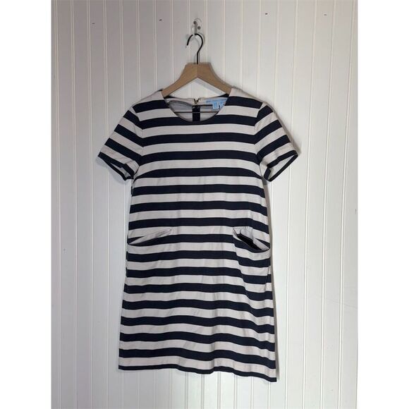 Draper James Navy White Stripe Mini Dress Size 6 Cotton Tencel Pockets Preppy - Picture 1 of 7